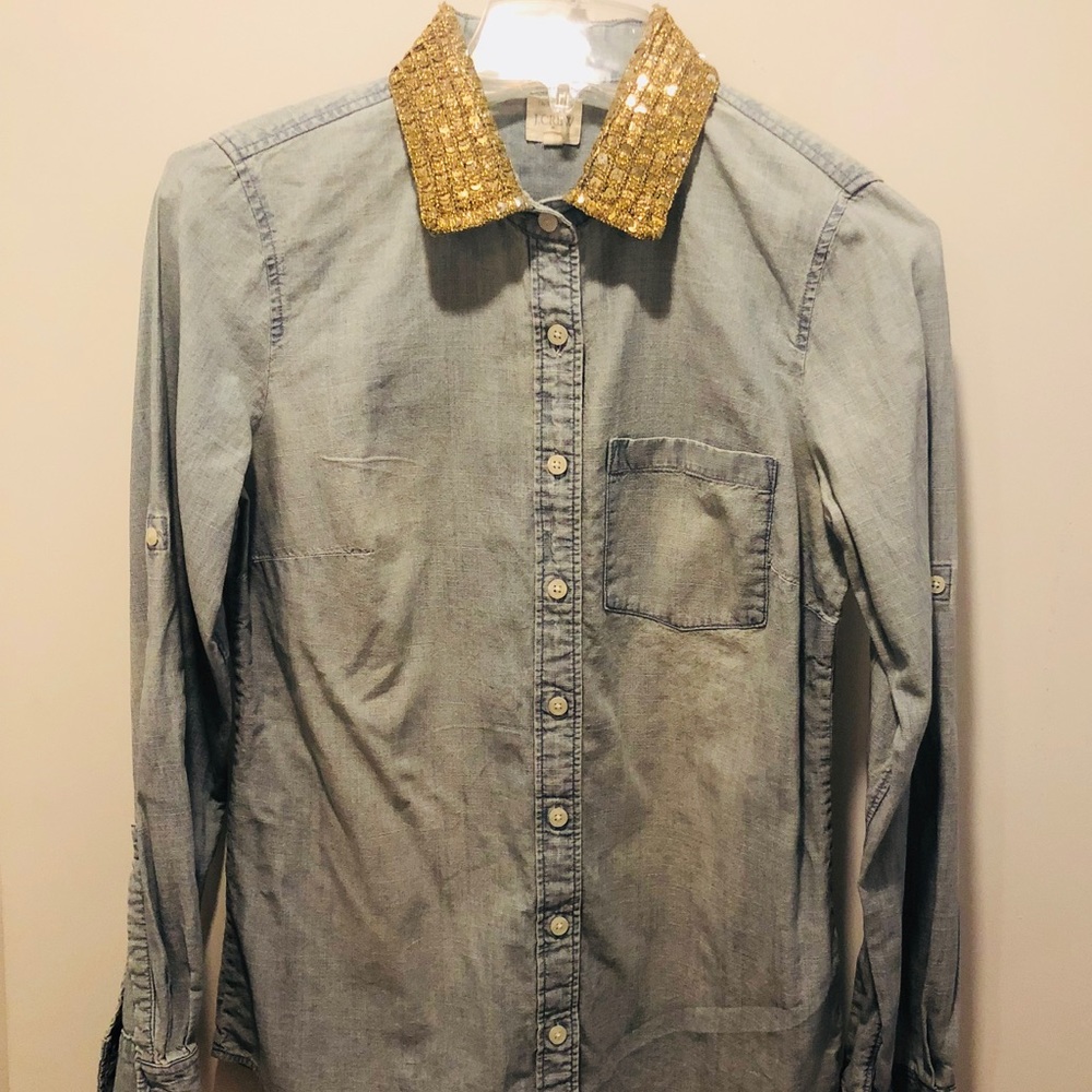 J.Crew Factory Sz XS Chambray Shirt w gold collar